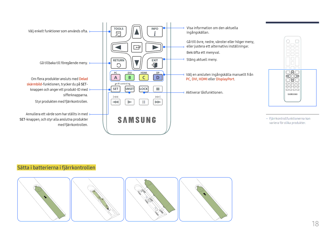 Samsung LH55UMHHLBB/EN, LH55UHFHLBB/EN manual Sätta i batterierna i fjärrkontrollen, PC, DVI, Hdmi eller DisplayPort 