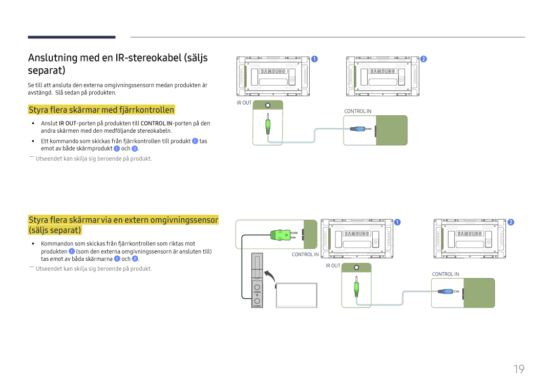 Samsung LH55UHFHLBB/EN manual Anslutning med en IR-stereokabel säljs separat, Styra flera skärmar med fjärrkontrollen 