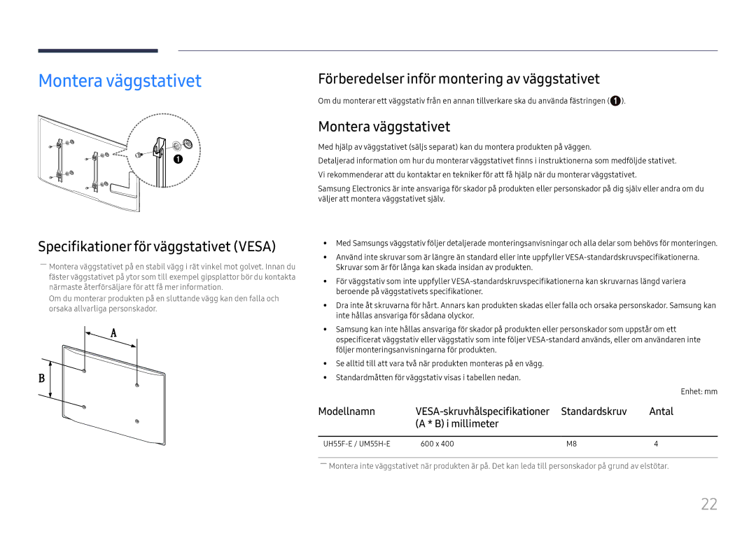 Samsung LH55UMHHLBB/EN, LH55UHFHLBB/EN manual Montera väggstativet, Specifikationer för väggstativet Vesa 