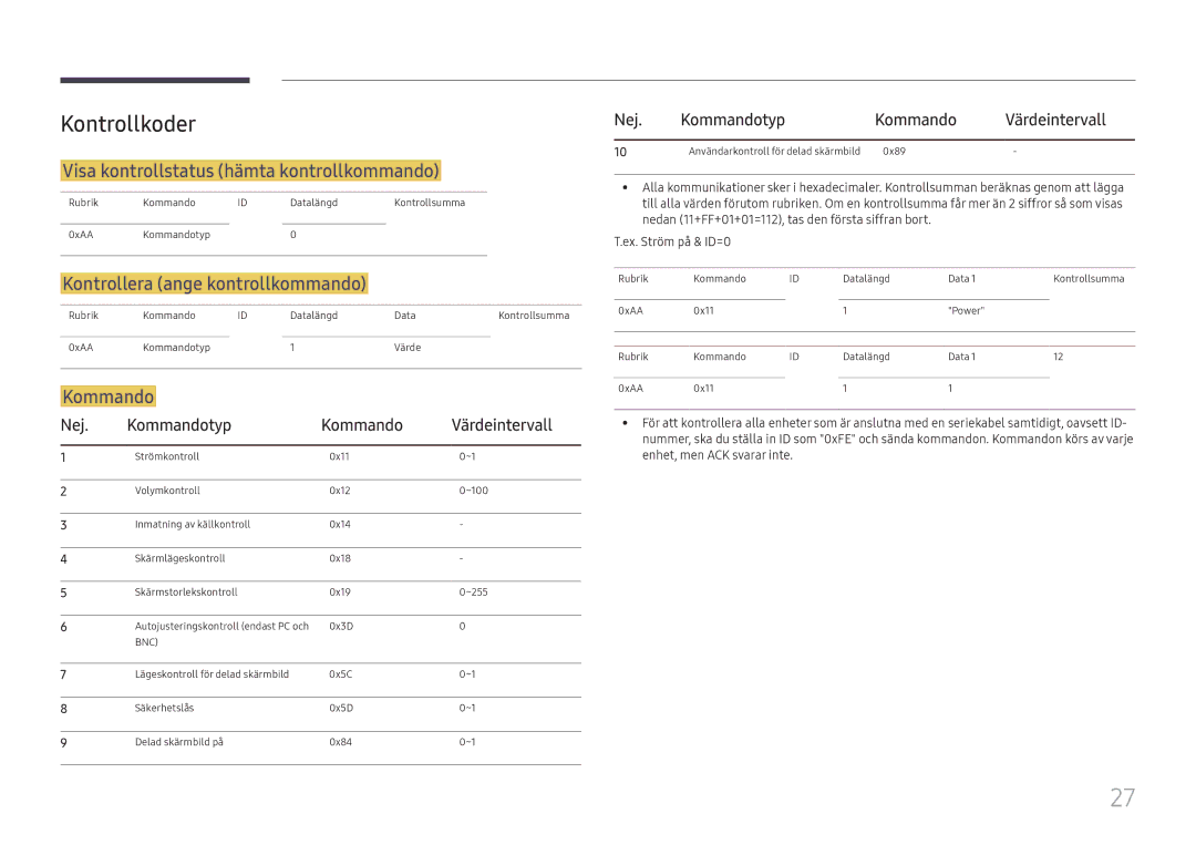 Samsung LH55UHFHLBB/EN manual Kontrollkoder, Visa kontrollstatus hämta kontrollkommando, Kontrollera ange kontrollkommando 