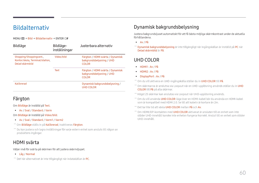 Samsung LH55UMHHLBB/EN, LH55UHFHLBB/EN manual Bildalternativ, Färgton, Hdmi svärta, Dynamisk bakgrundsbelysning 