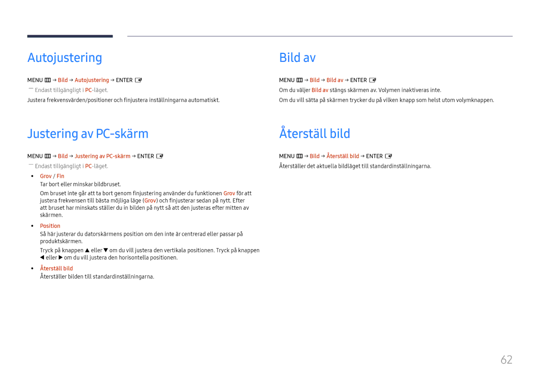 Samsung LH55UMHHLBB/EN, LH55UHFHLBB/EN manual Autojustering, Bild av, Justering av PC-skärm, Återställ bild 