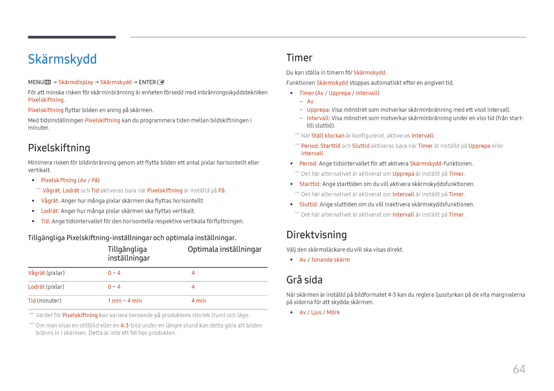 Samsung LH55UMHHLBB/EN, LH55UHFHLBB/EN manual Skärmskydd, Pixelskiftning, Timer, Direktvisning, Grå sida 