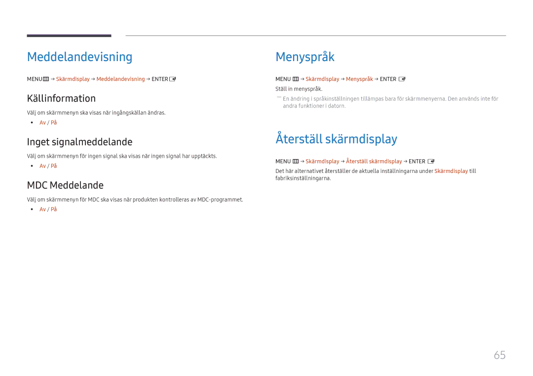 Samsung LH55UHFHLBB/EN, LH55UMHHLBB/EN manual Meddelandevisning, Menyspråk, Återställ skärmdisplay 