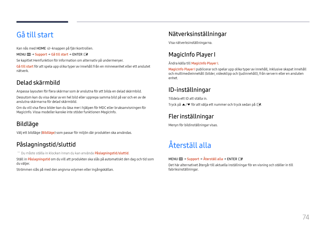 Samsung LH55UMHHLBB/EN, LH55UHFHLBB/EN manual Gå till start, Återställ alla 