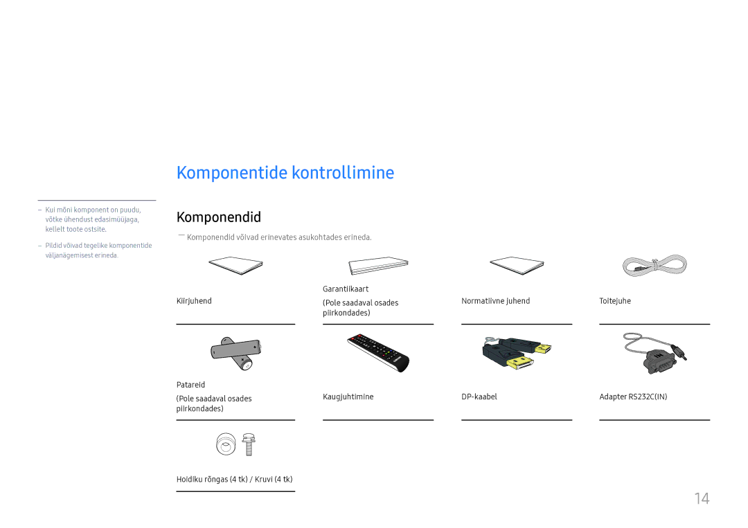 Samsung LH55UMHHLBB/EN manual Ettevalmistused, Komponentide kontrollimine, Komponendid 