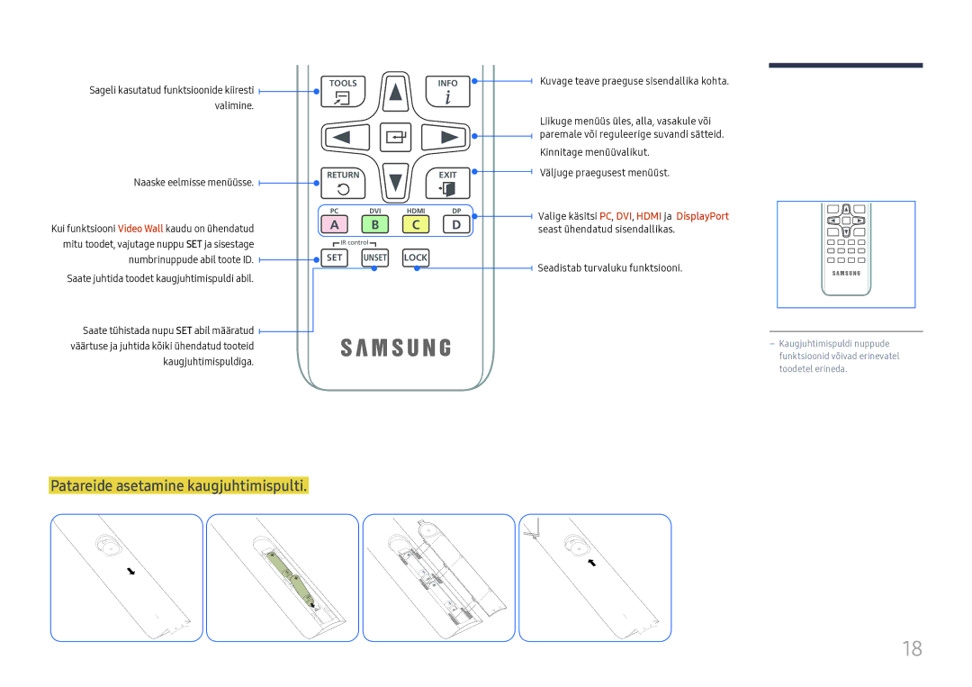 Samsung LH55UMHHLBB/EN manual Patareide asetamine kaugjuhtimispulti, Naaske eelmisse menüüsse, Kaugjuhtimispuldiga 