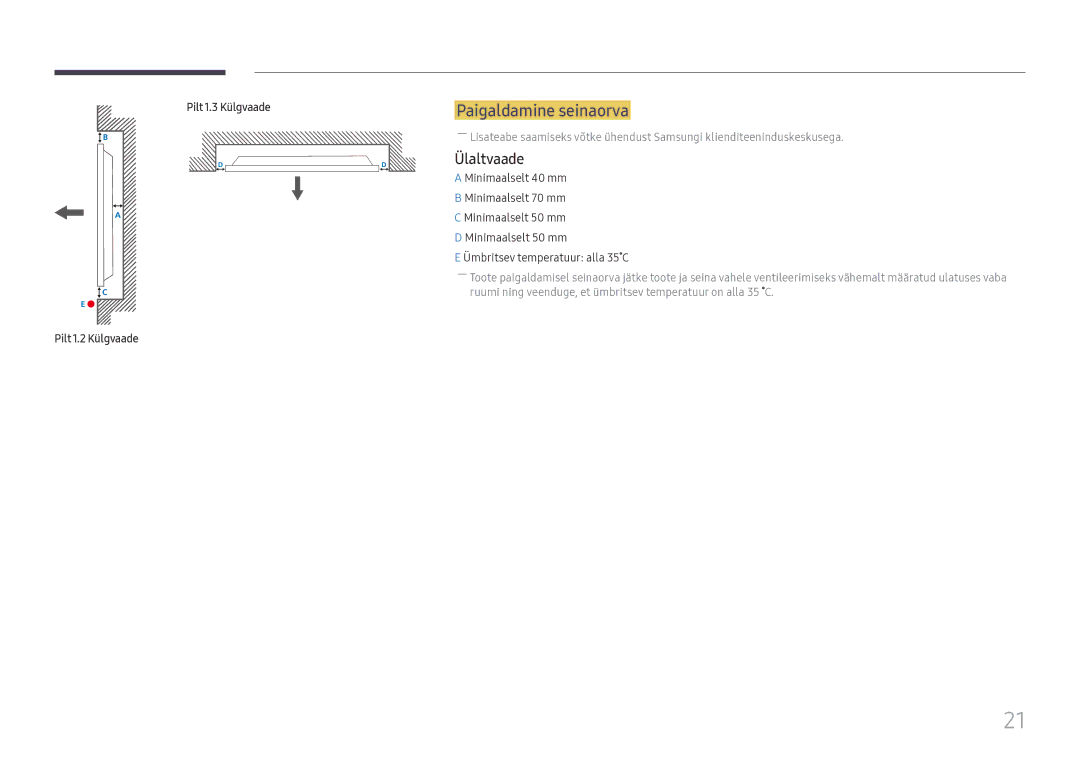 Samsung LH55UMHHLBB/EN manual Paigaldamine seinaorva, Ülaltvaade, Pilt 1.2 Külgvaade Pilt 1.3 Külgvaade 