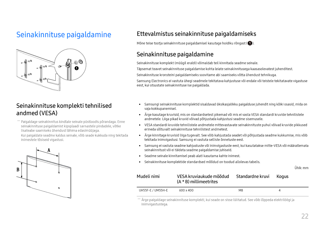 Samsung LH55UMHHLBB/EN manual Seinakinnituse paigaldamine, Seinakinnituse komplekti tehnilised andmed Vesa 