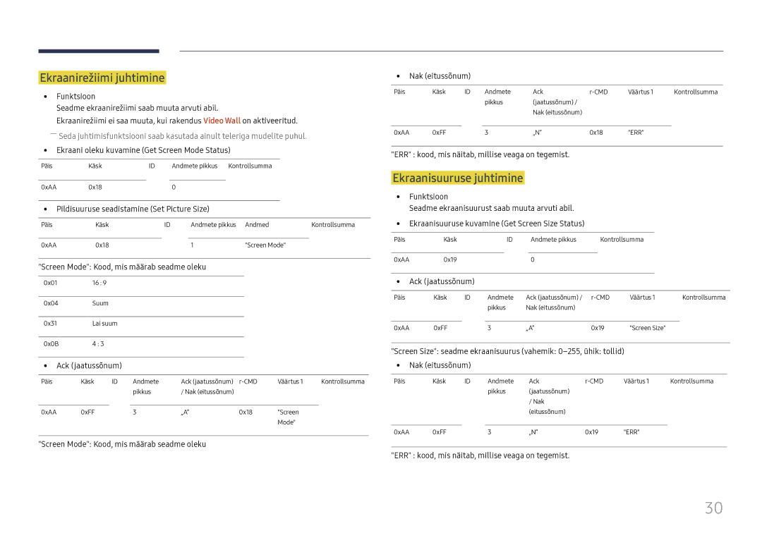 Samsung LH55UMHHLBB/EN manual Ekraanirežiimi juhtimine, Ekraanisuuruse juhtimine 