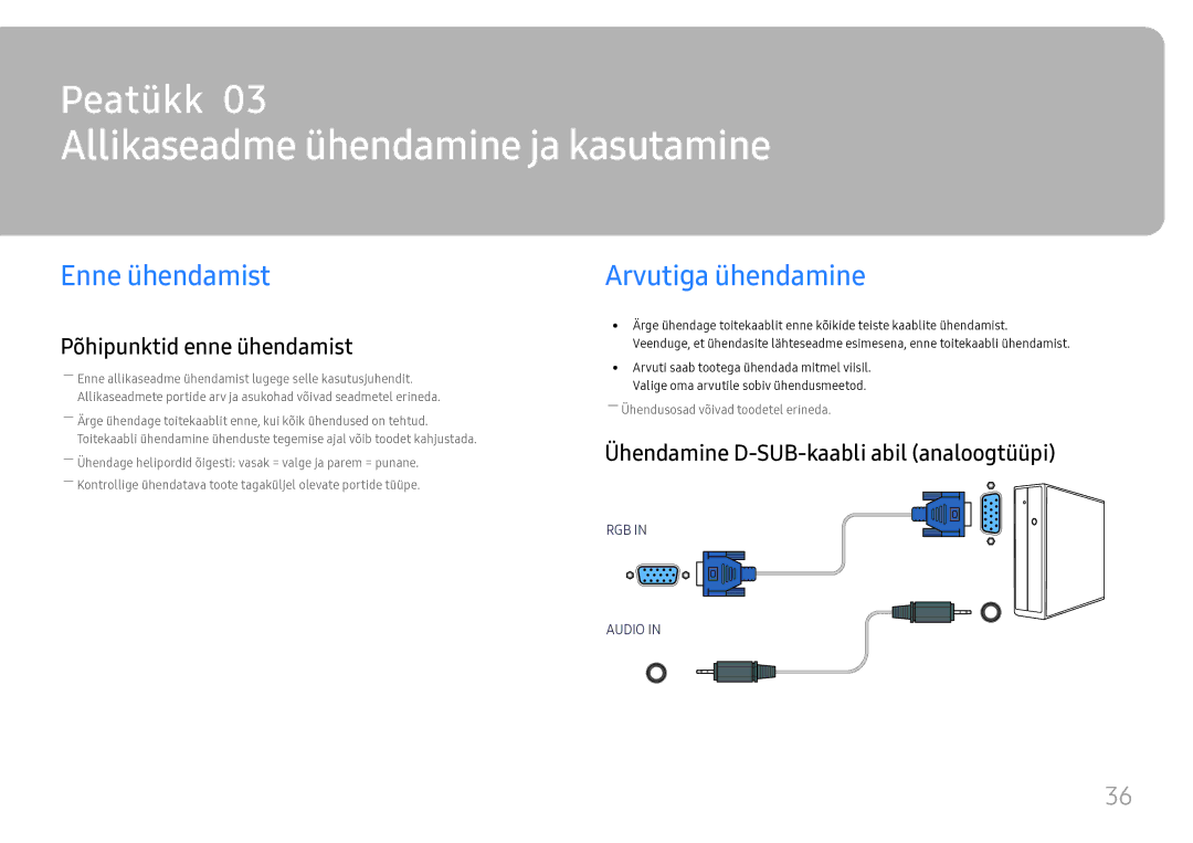 Samsung LH55UMHHLBB/EN manual Allikaseadme ühendamine ja kasutamine, Enne ühendamist, Arvutiga ühendamine 