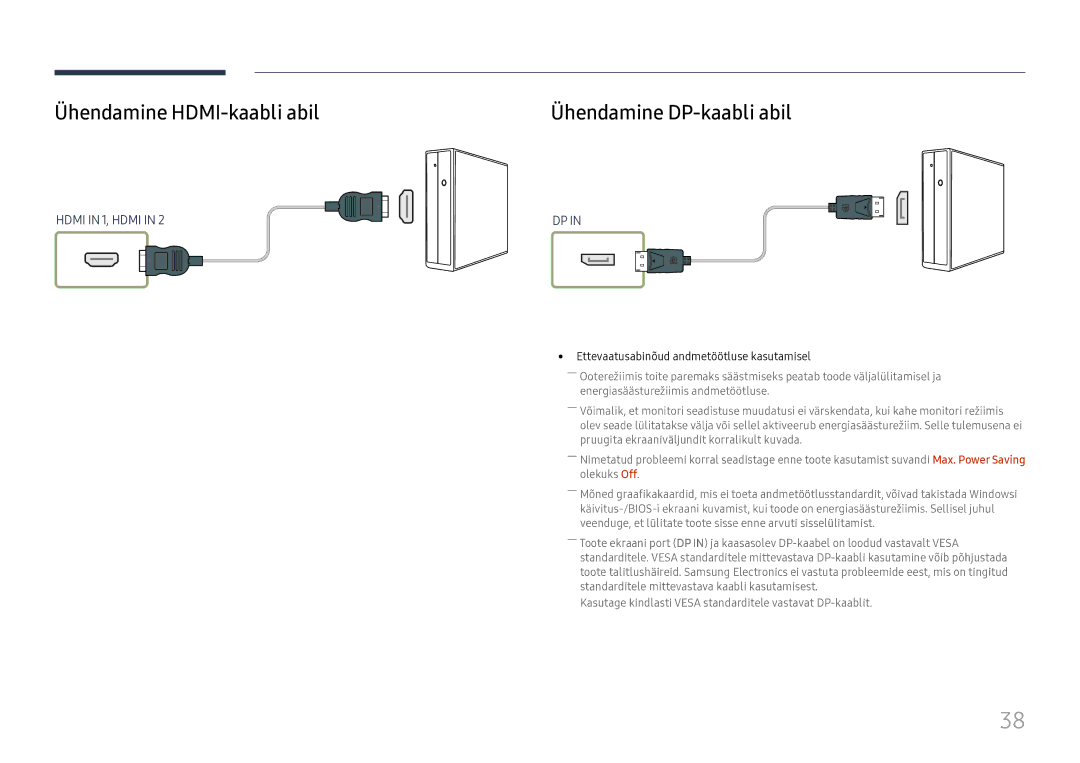 Samsung LH55UMHHLBB/EN Ühendamine HDMI-kaabli abil, Ühendamine DP-kaabli abil, Ettevaatusabinõud andmetöötluse kasutamisel 