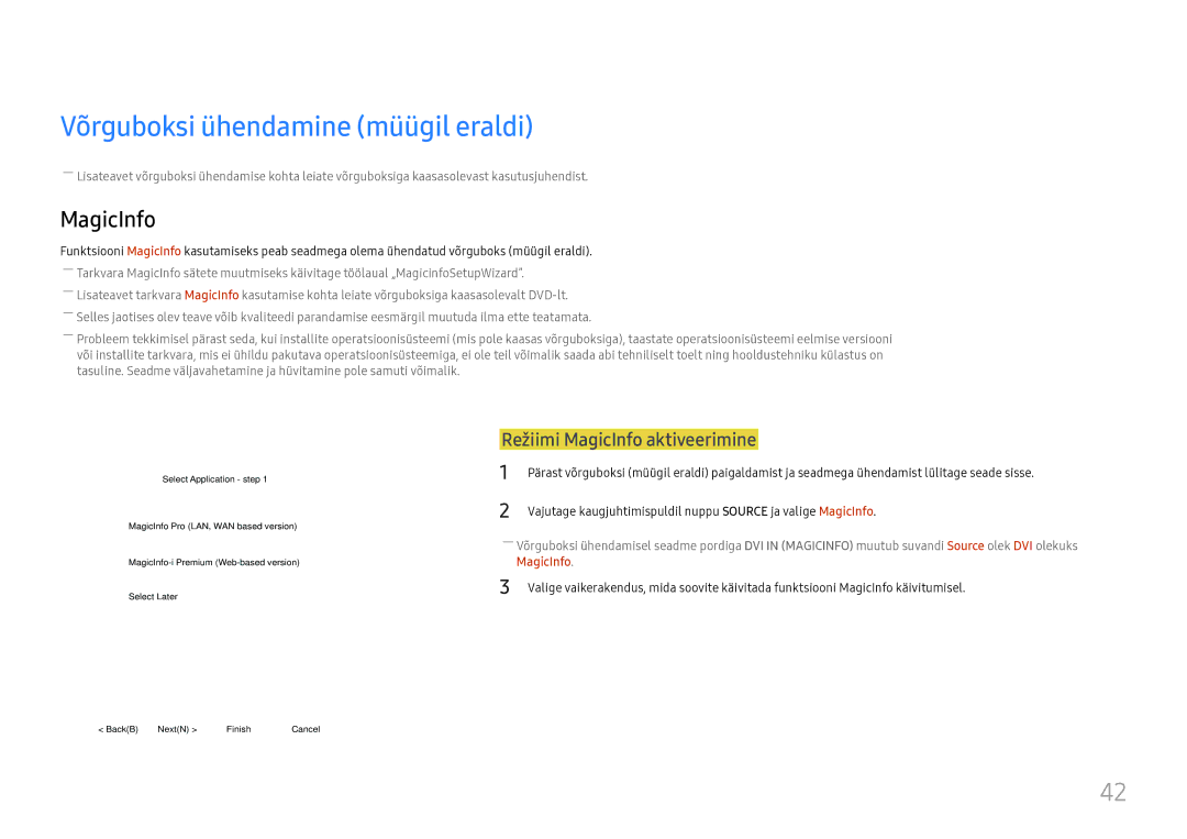 Samsung LH55UMHHLBB/EN manual Võrguboksi ühendamine müügil eraldi, Režiimi MagicInfo aktiveerimine 