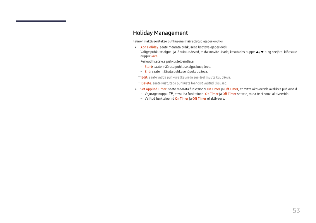 Samsung LH55UMHHLBB/EN manual Holiday Management 