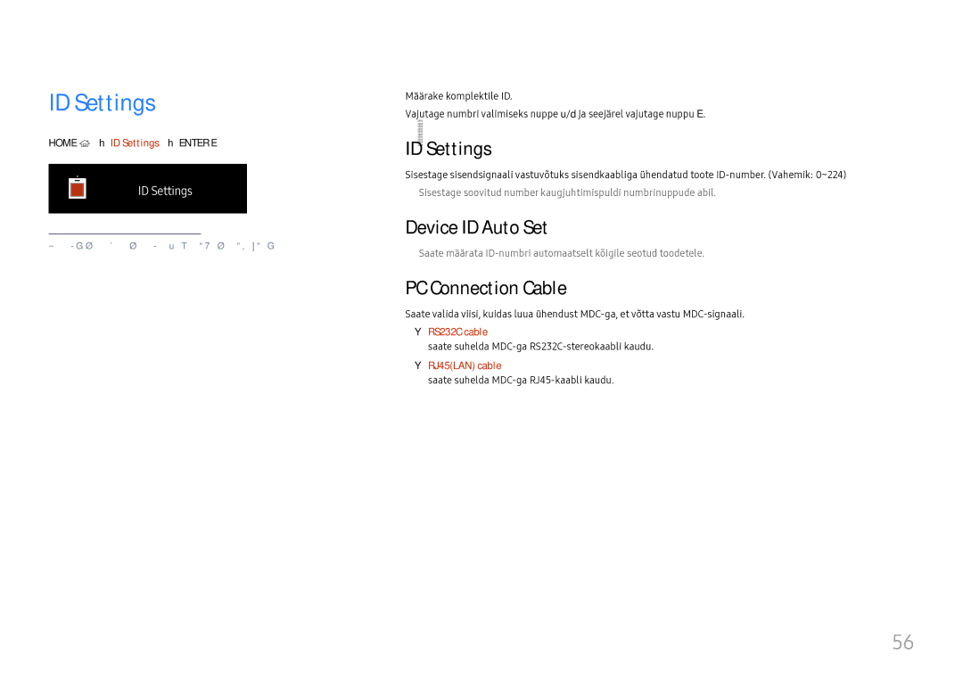 Samsung LH55UMHHLBB/EN manual ID Settings, Device ID Auto Set, PC Connection Cable 