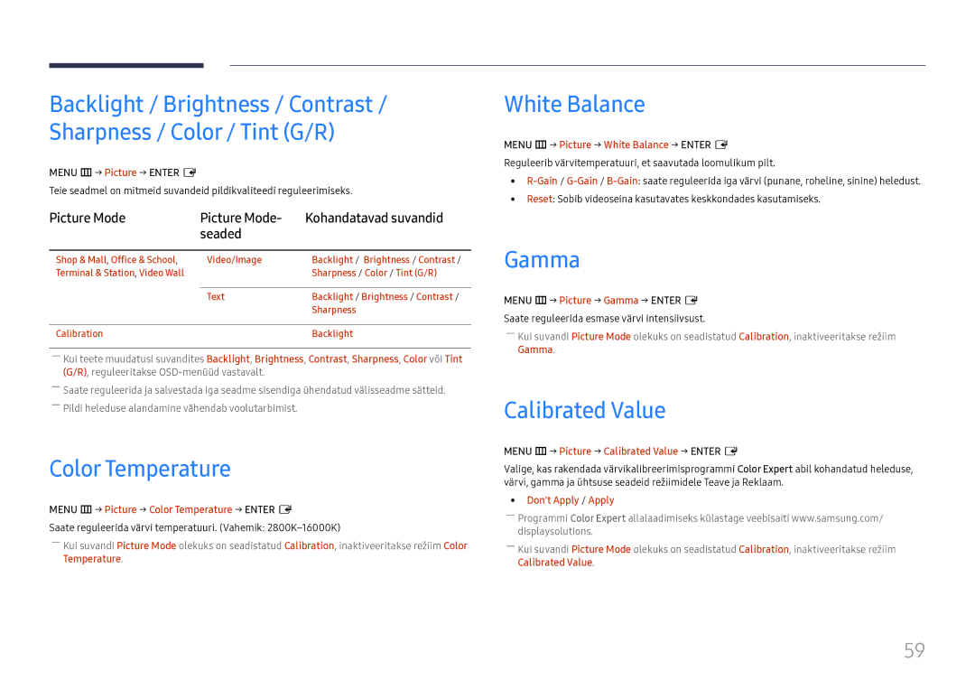 Samsung LH55UMHHLBB/EN manual Color Temperature, White Balance, Gamma, Calibrated Value 