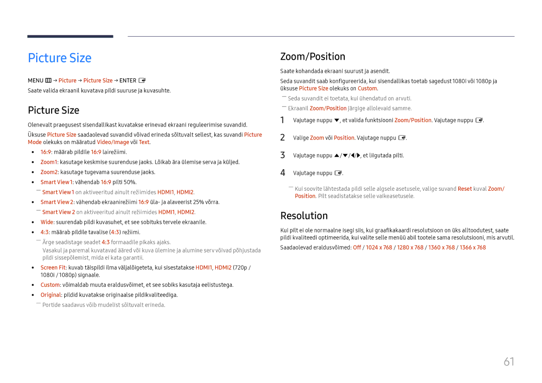 Samsung LH55UMHHLBB/EN manual Zoom/Position, Resolution, Menu m → Picture → Picture Size → Enter E 