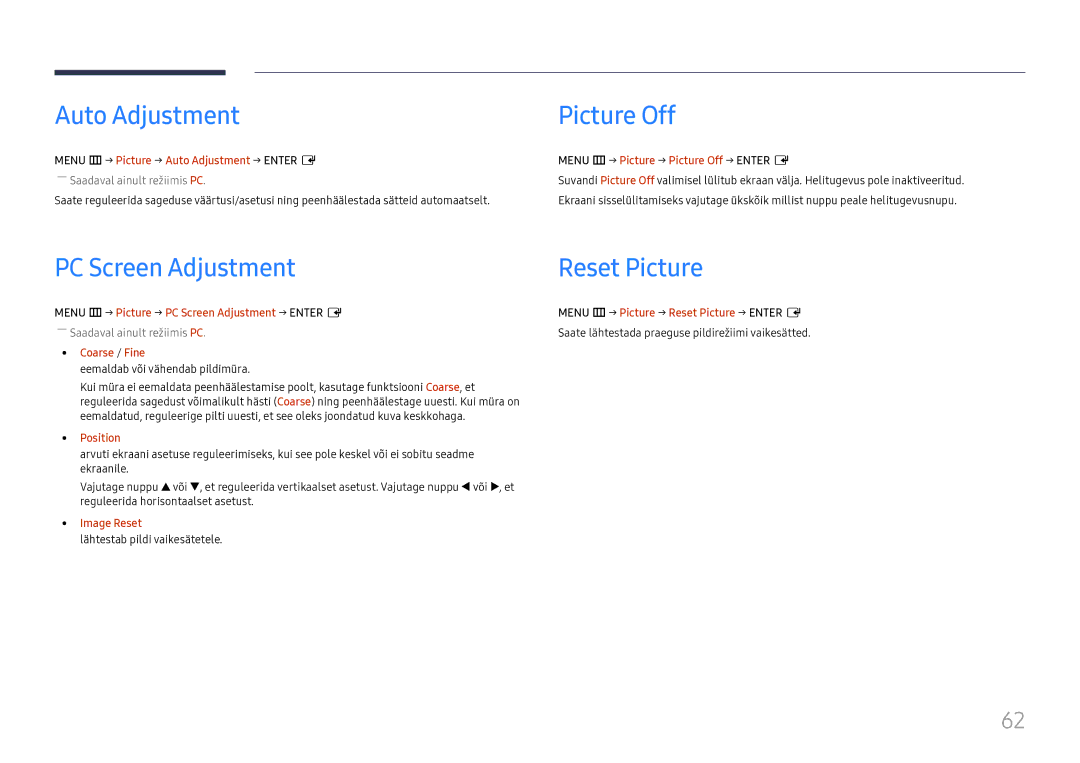 Samsung LH55UMHHLBB/EN manual Auto Adjustment, Picture Off, PC Screen Adjustment Reset Picture 