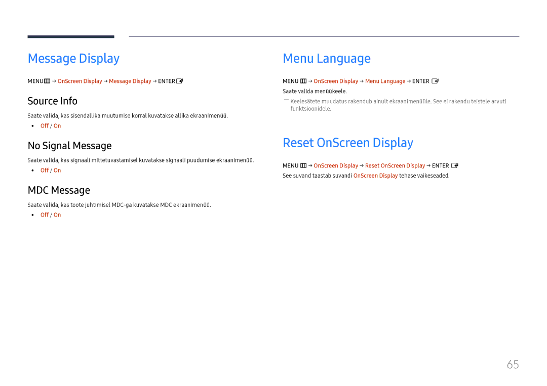 Samsung LH55UMHHLBB/EN manual Message Display, Menu Language, Reset OnScreen Display 