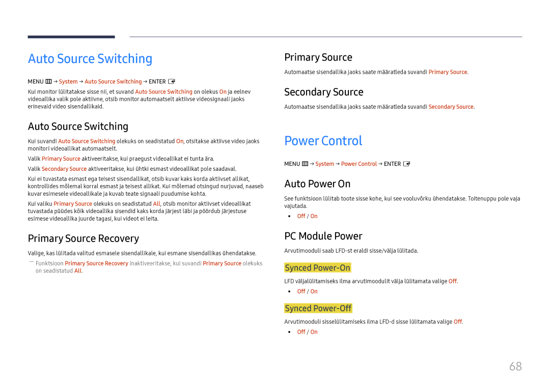 Samsung LH55UMHHLBB/EN manual Auto Source Switching, Power Control 