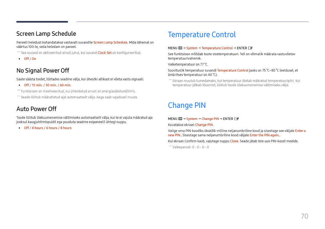 Samsung LH55UMHHLBB/EN manual Temperature Control, Change PIN, Screen Lamp Schedule, No Signal Power Off, Auto Power Off 