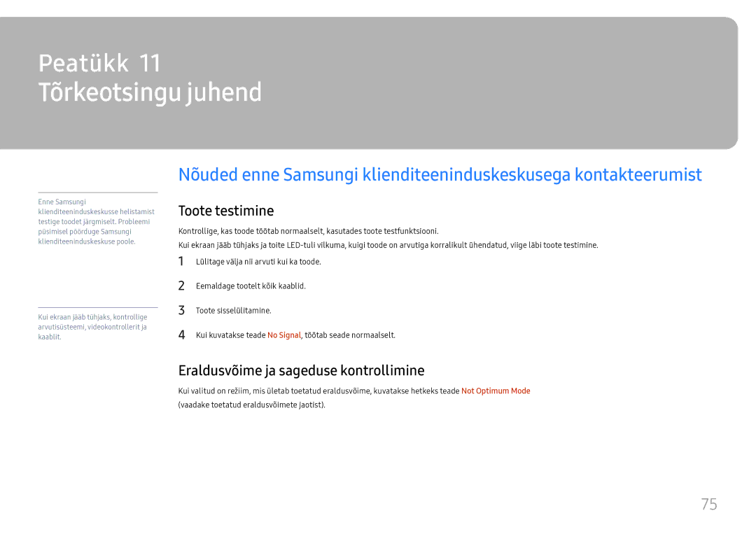 Samsung LH55UMHHLBB/EN manual Tõrkeotsingu juhend, Toote testimine, Eraldusvõime ja sageduse kontrollimine 