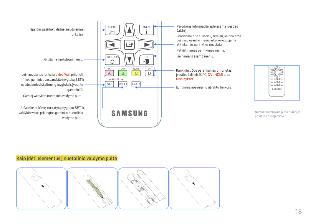 Samsung LH55UMHHLBB/EN manual Kaip įdėti elementus į nuotolinio valdymo pultą, Grįžtama į ankstesnį meniu, Valdymo pultu 