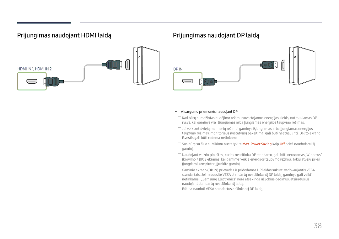 Samsung LH55UMHHLBB/EN Prijungimas naudojant Hdmi laidą, Prijungimas naudojant DP laidą, Atsargumo priemonės naudojant DP 