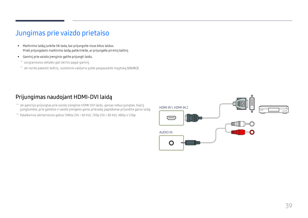 Samsung LH55UMHHLBB/EN manual Jungimas prie vaizdo prietaiso, Prijungimas naudojant HDMI-DVI laidą 