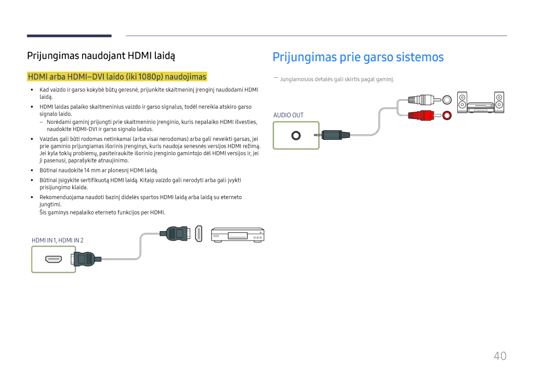 Samsung LH55UMHHLBB/EN manual Prijungimas prie garso sistemos, Hdmi arba HDMI-DVI laido iki 1080p naudojimas 