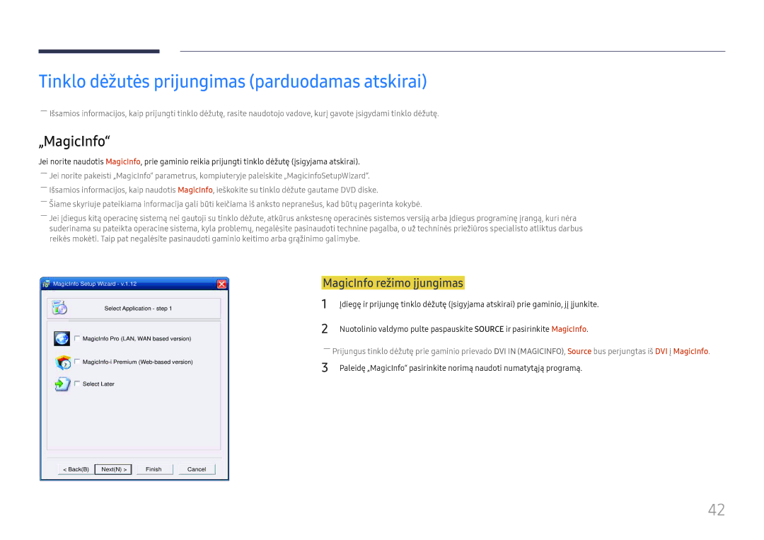 Samsung LH55UMHHLBB/EN manual Tinklo dėžutės prijungimas parduodamas atskirai, „MagicInfo, MagicInfo režimo įjungimas 