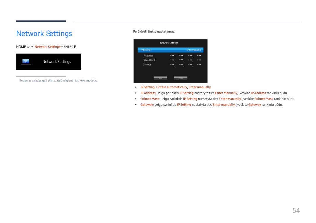 Samsung LH55UMHHLBB/EN manual Home → Network Settings→ Enter E, Peržiūrėti tinklo nustatymus 