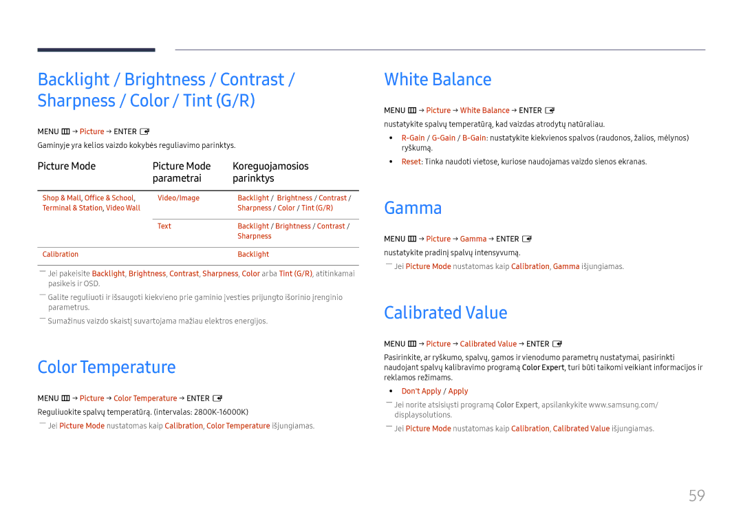 Samsung LH55UMHHLBB/EN manual Color Temperature, White Balance, Gamma, Calibrated Value 