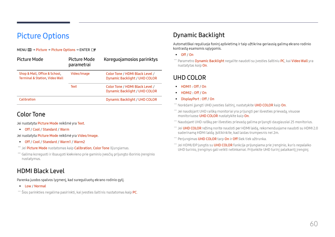 Samsung LH55UMHHLBB/EN manual Picture Options, Color Tone, Hdmi Black Level, Dynamic Backlight, Picture Mode 