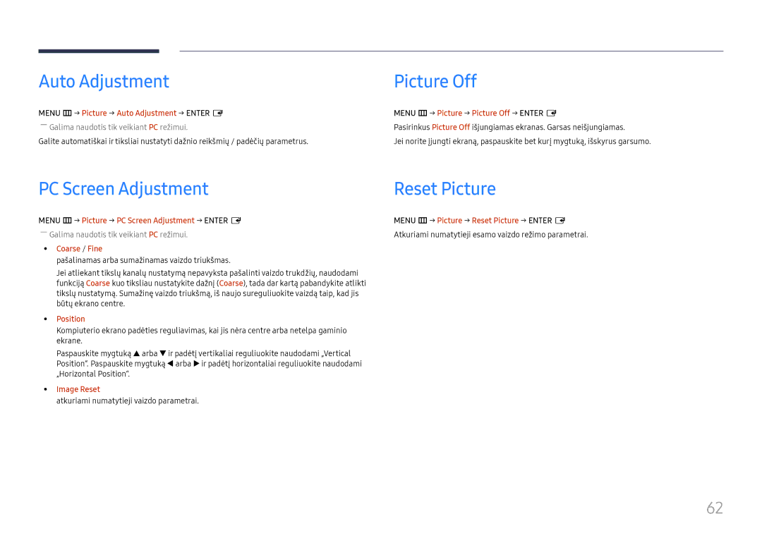 Samsung LH55UMHHLBB/EN manual Auto Adjustment, Picture Off, PC Screen Adjustment Reset Picture 