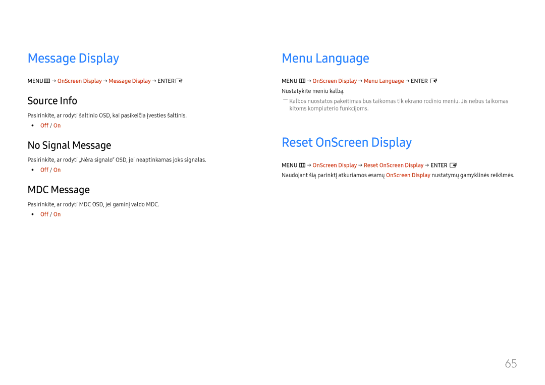 Samsung LH55UMHHLBB/EN manual Message Display, Menu Language, Reset OnScreen Display 