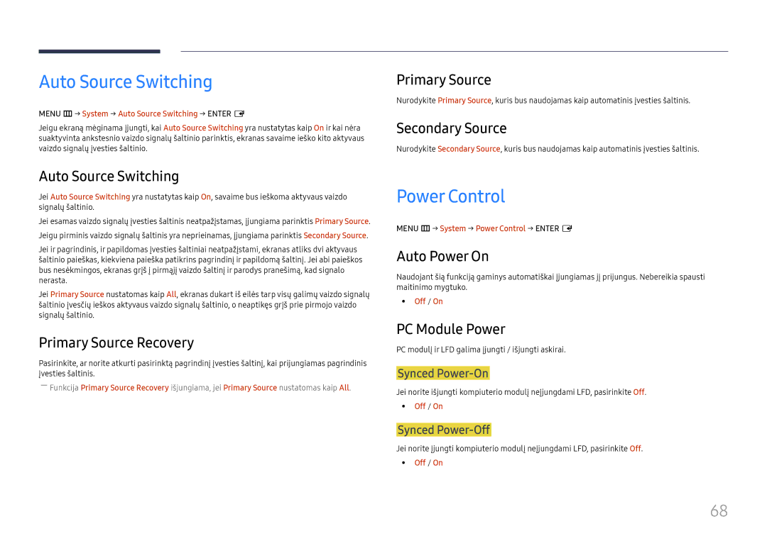 Samsung LH55UMHHLBB/EN manual Auto Source Switching, Power Control 