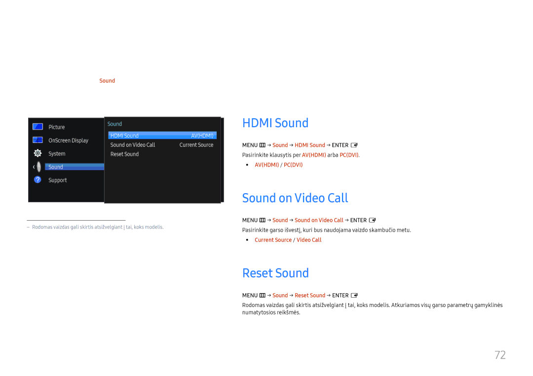 Samsung LH55UMHHLBB/EN manual Garso nustatymas, Hdmi Sound, Sound on Video Call, Reset Sound 