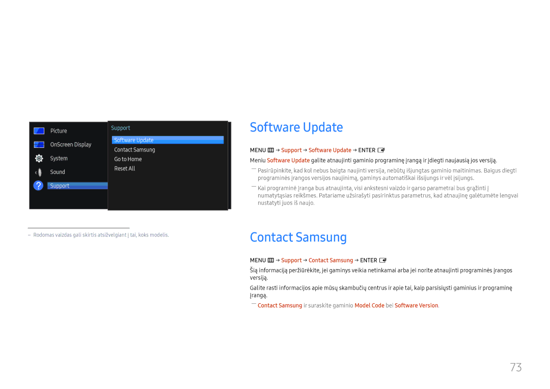 Samsung LH55UMHHLBB/EN manual Palaikymas, Contact Samsung, Menu m → Support → Software Update → Enter E 
