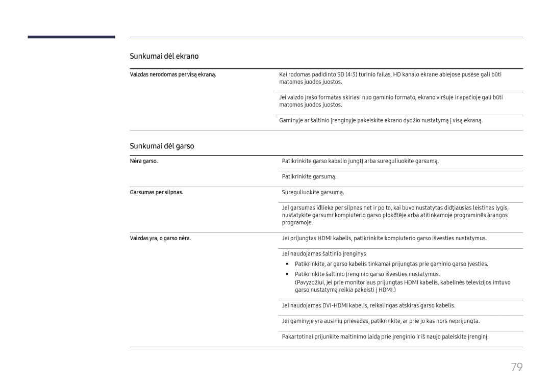 Samsung LH55UMHHLBB/EN manual Sunkumai dėl garso, Vaizdas nerodomas pervisą ekraną, Nėra garso, Garsumas per silpnas 