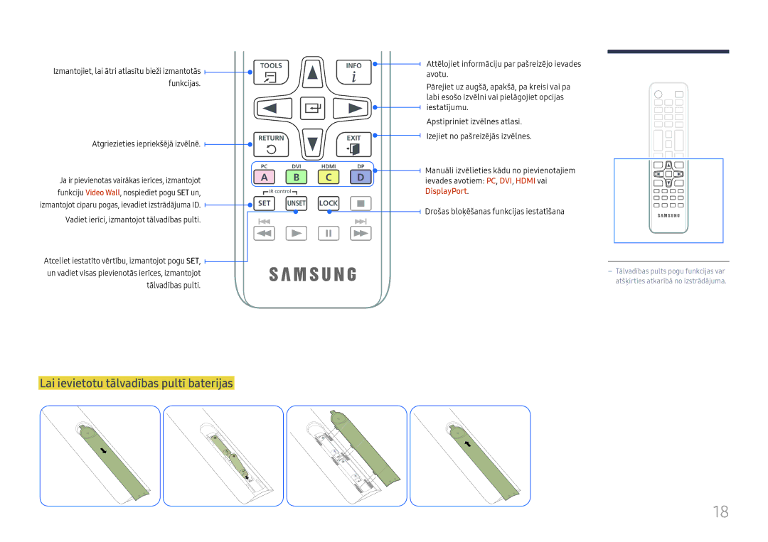 Samsung LH55UMHHLBB/EN manual Lai ievietotu tālvadības pultī baterijas, Atgriezieties iepriekšējā izvēlnē, Tālvadības pulti 