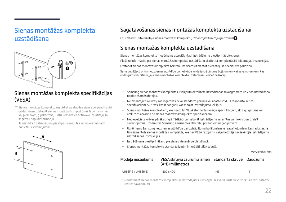 Samsung LH55UMHHLBB/EN manual Sienas montāžas komplekta uzstādīšana, Sienas montāžas komplekta specifikācijas Vesa 