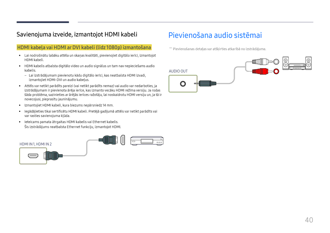 Samsung LH55UMHHLBB/EN manual Pievienošana audio sistēmai, Hdmi kabeļa vai Hdmi ar DVI kabeli līdz 1080p izmantošana 