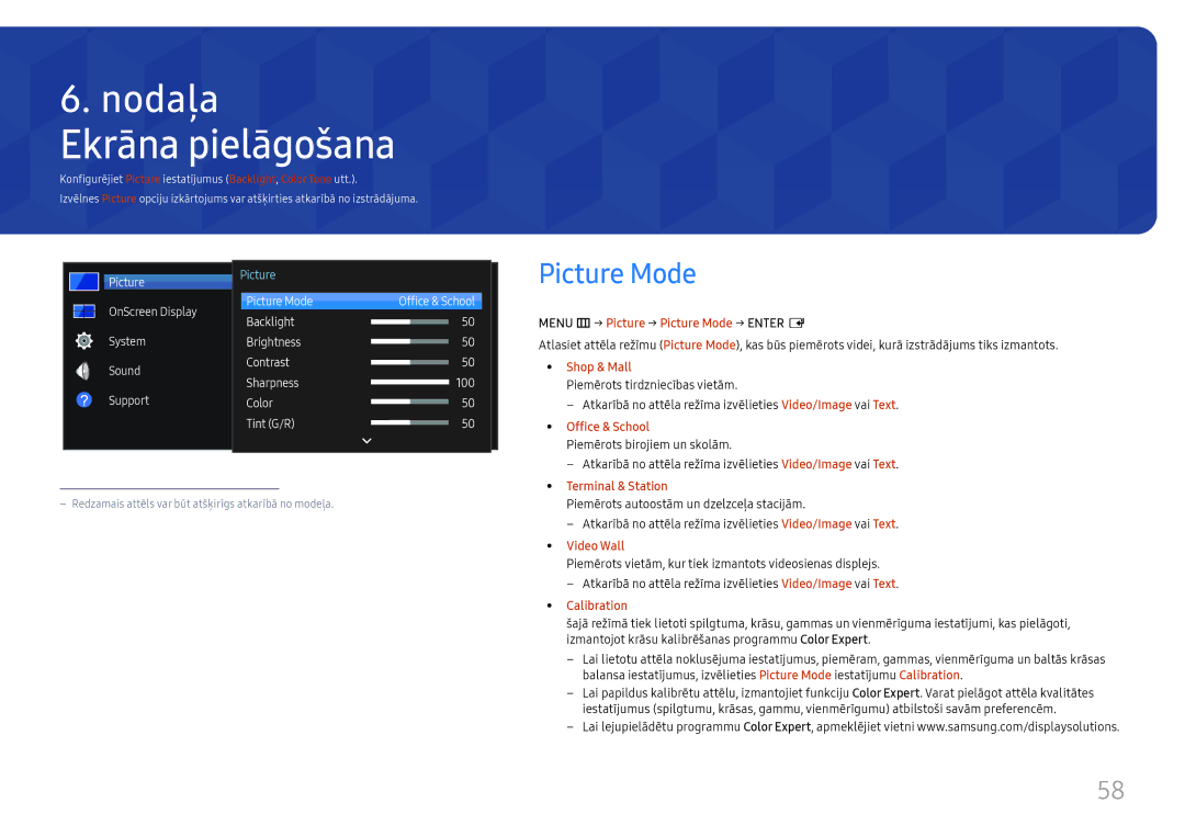 Samsung LH55UMHHLBB/EN manual Ekrāna pielāgošana, Menu m→ Picture → Picture Mode → Enter E 