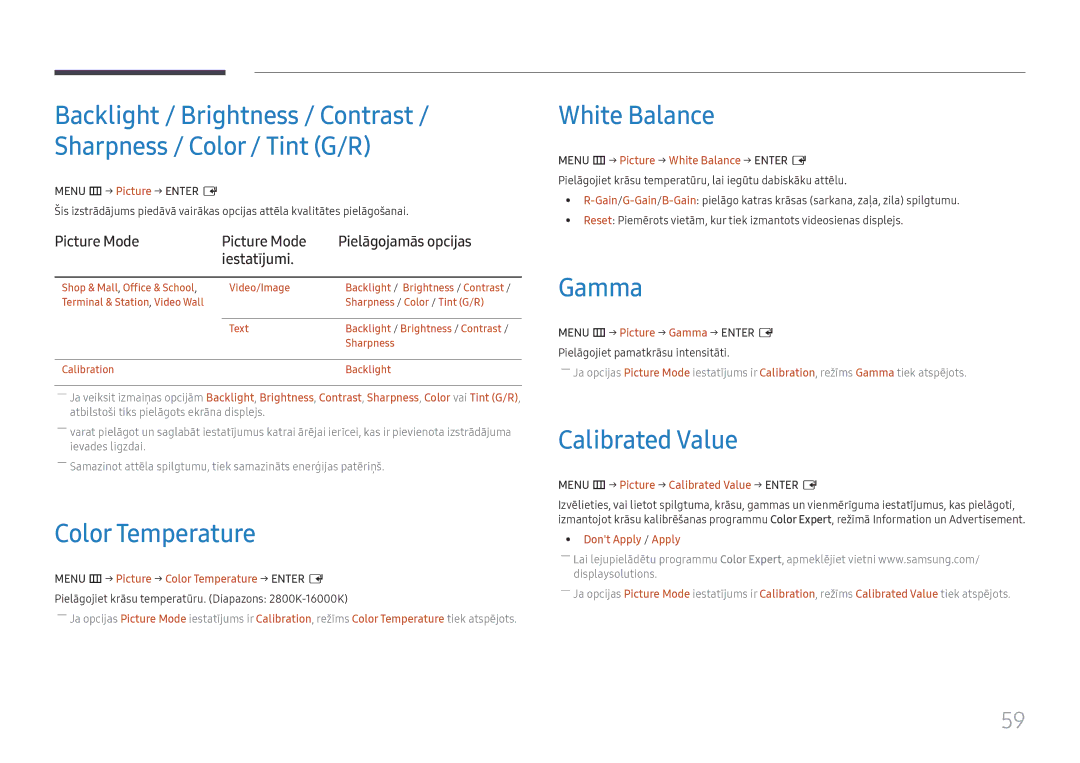 Samsung LH55UMHHLBB/EN manual Color Temperature, White Balance, Gamma, Calibrated Value 