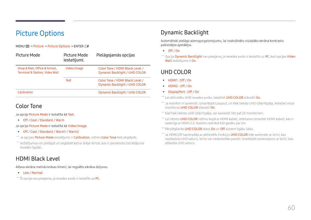 Samsung LH55UMHHLBB/EN manual Picture Options, Color Tone, Hdmi Black Level, Dynamic Backlight 