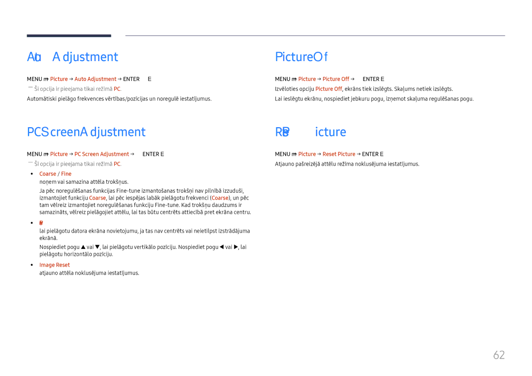 Samsung LH55UMHHLBB/EN manual Auto Adjustment, Picture Off, PC Screen Adjustment Reset Picture 