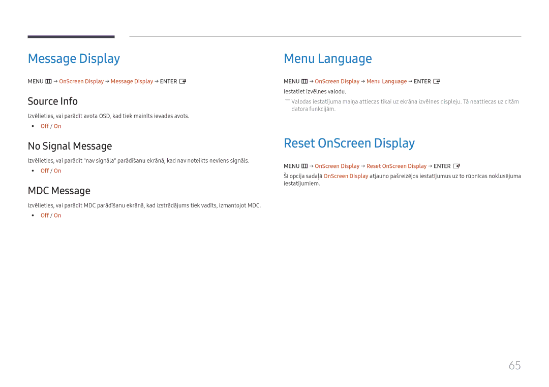 Samsung LH55UMHHLBB/EN manual Message Display, Menu Language, Reset OnScreen Display 