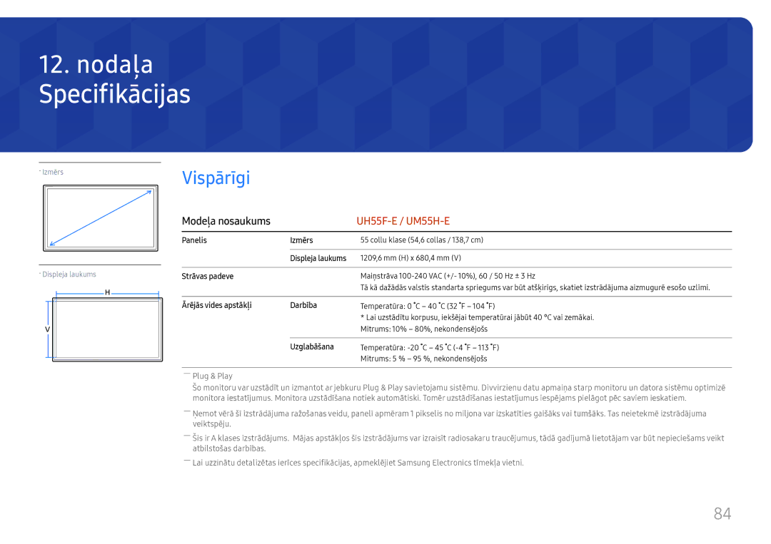 Samsung LH55UMHHLBB/EN manual Specifikācijas, Vispārīgi 