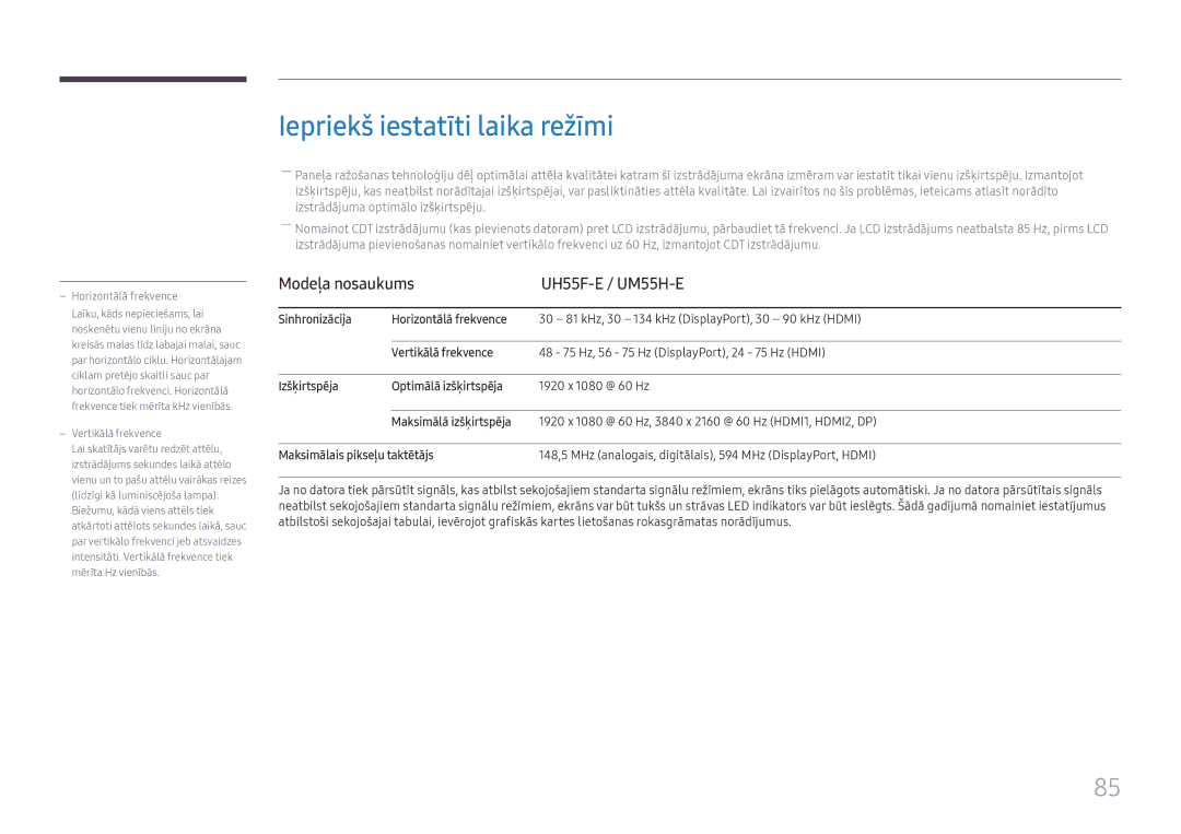 Samsung LH55UMHHLBB/EN manual Iepriekš iestatīti laika režīmi, Modeļa nosaukums UH55F-E / UM55H-E, @ 60 Hz 